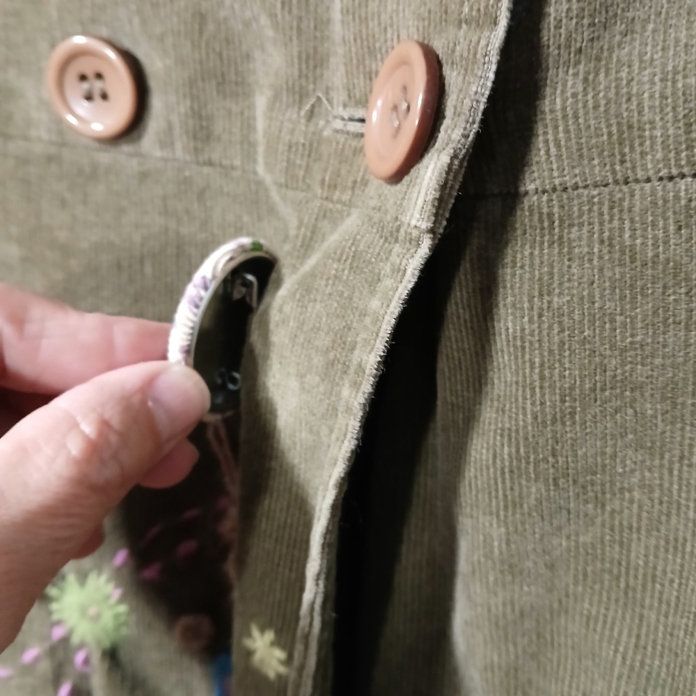 Vintage Olive Green Embroidered Corduroy Pea Coat - Picture 9 of 11